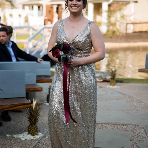 David's Bridal | Dresses | Davids Bridal Gold Sequin Vneck Bridesmaid Dress  With Empire Waist | Poshmark